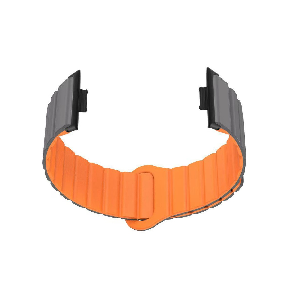 Graues Uhrenarmband mit orangefarbener Innenseite und magnetischem Verschluss.