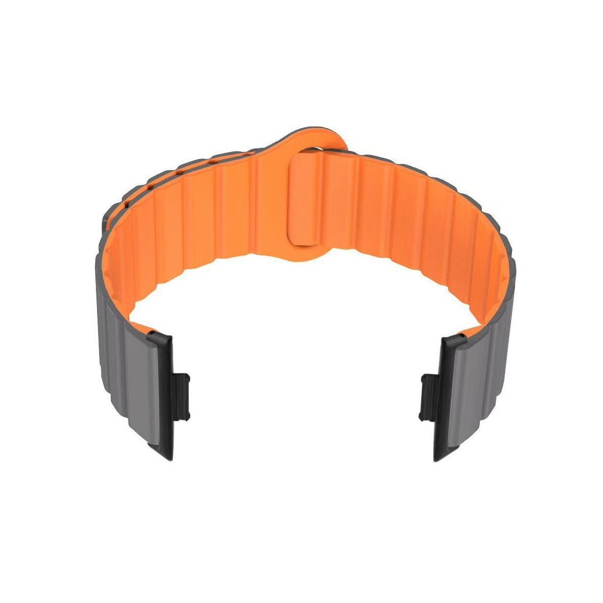 Ein orangefarbenes und graues Armband für eine Smartwatch mit Faltschließe.