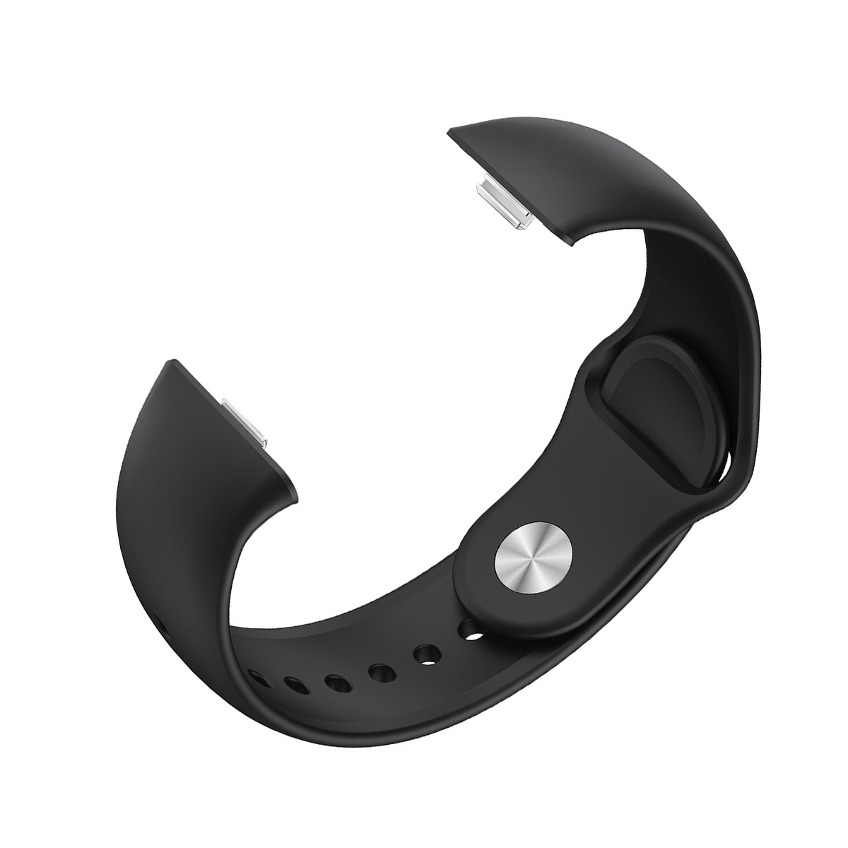 Schwarzes Uhrenarmband mit silbernem Knopf und Lochmuster.