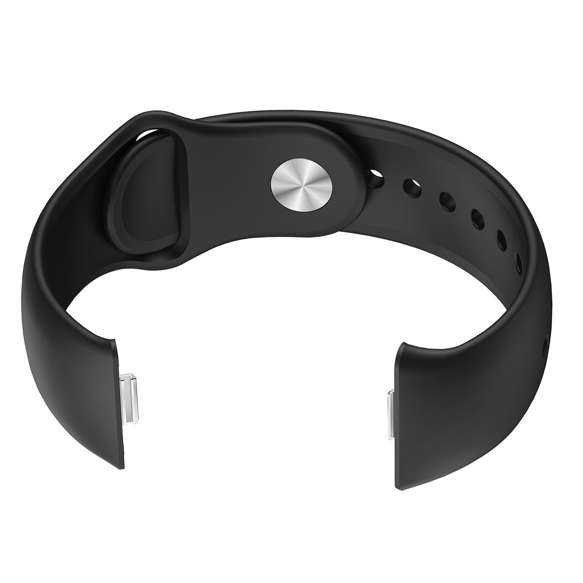 Schwarzes Uhrenarmband mit silberner Schnalle und Lochung.