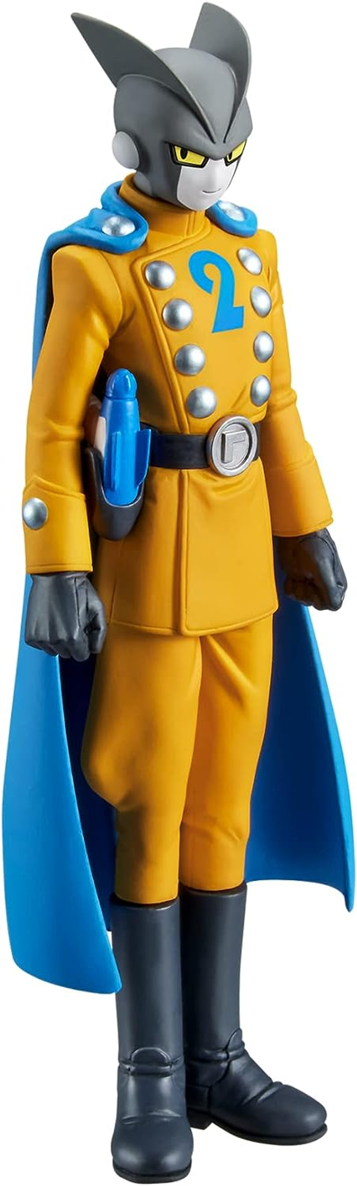 Eine Figur mit grauem Kopf, gelben Augen, gelbem Anzug mit blauen Akzenten und blauer Umhang.
