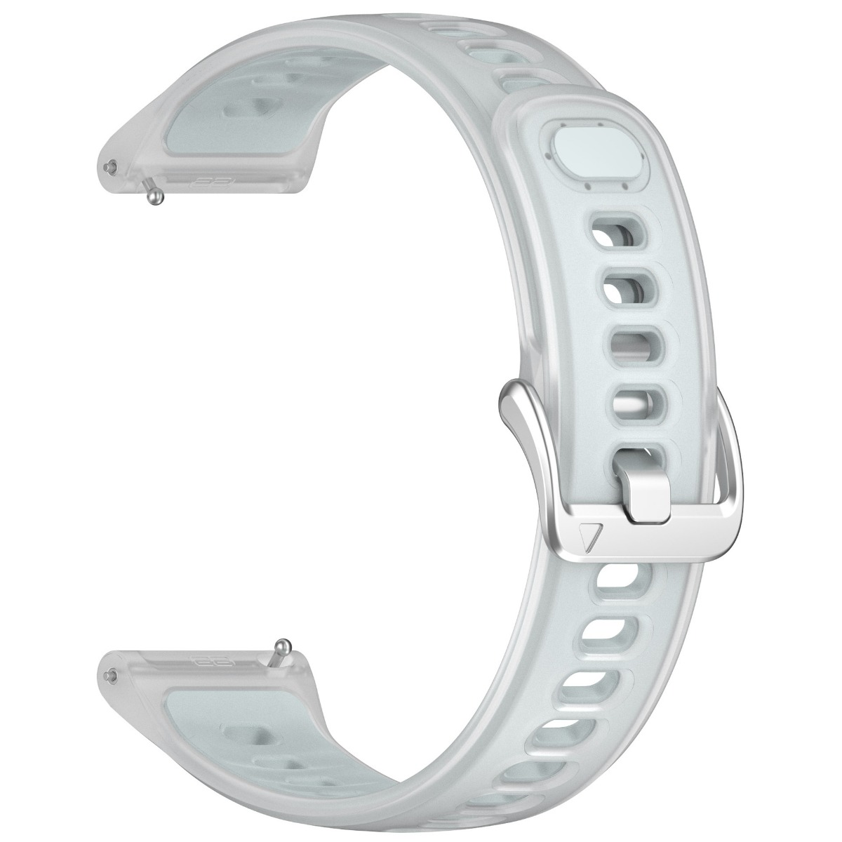 Ein hellgraues, perforiertes Uhrenarmband mit Metallschnalle.