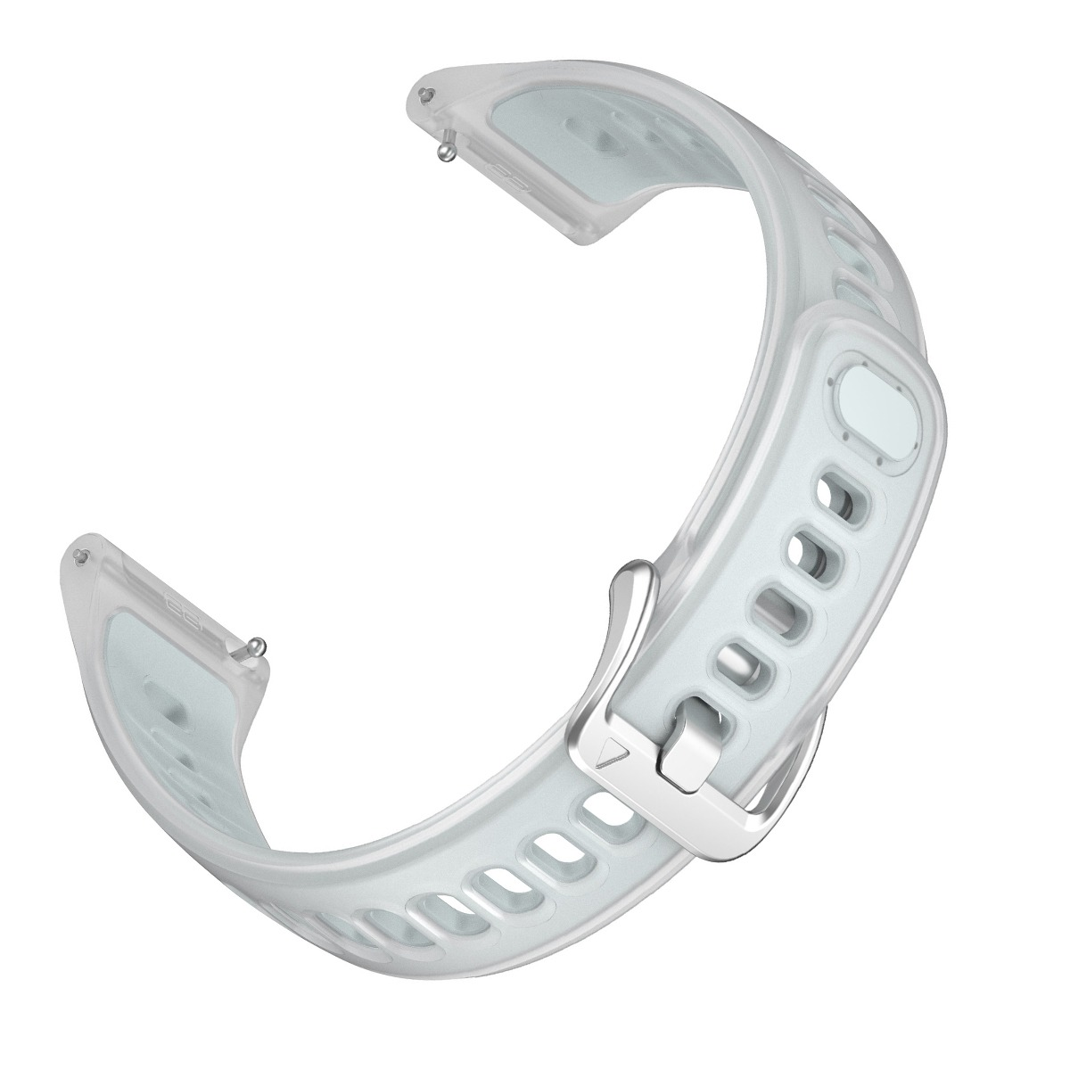 Ein hellgraues Uhrenarmband aus Gummi mit silberner Schnalle und Lochmuster.