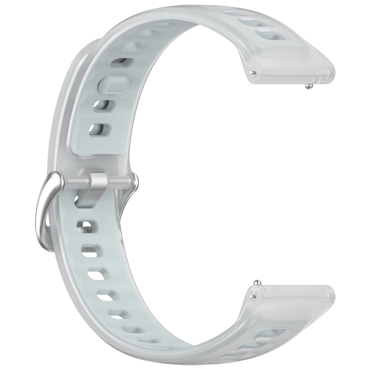 Ein hellgraues Uhrenarmband aus Silikon mit silberner Schnalle und ovalen Löchern.