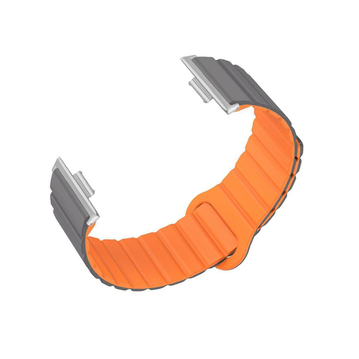 Ein orangefarbenes, geripptes Armband mit grauen Endstücken auf weißem Hintergrund.