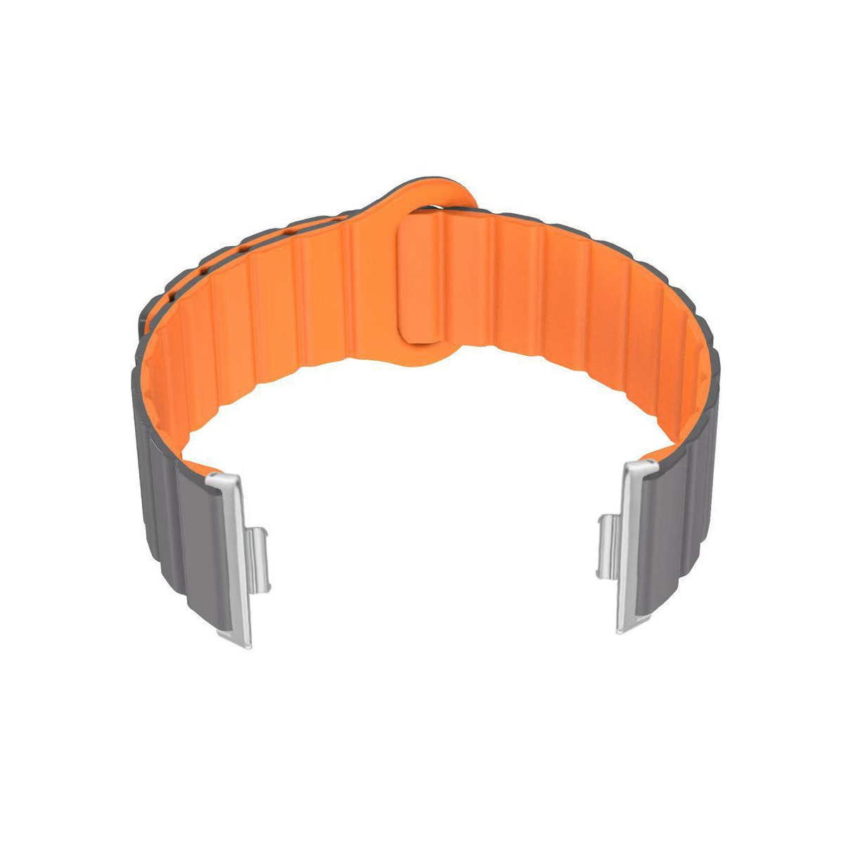 Graues Armband mit orangefarbener Innenseite und geripptem Muster.