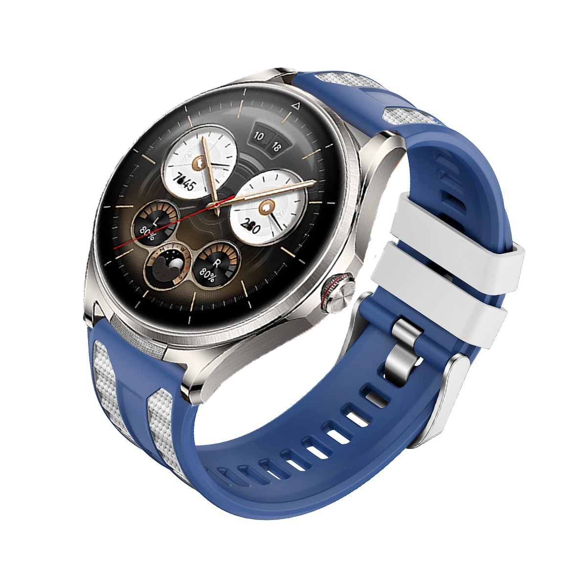 Eine blaue Smartwatch mit silbernem Gehäuse und einem digitalen Zifferblatt mit mehreren Anzeigen.