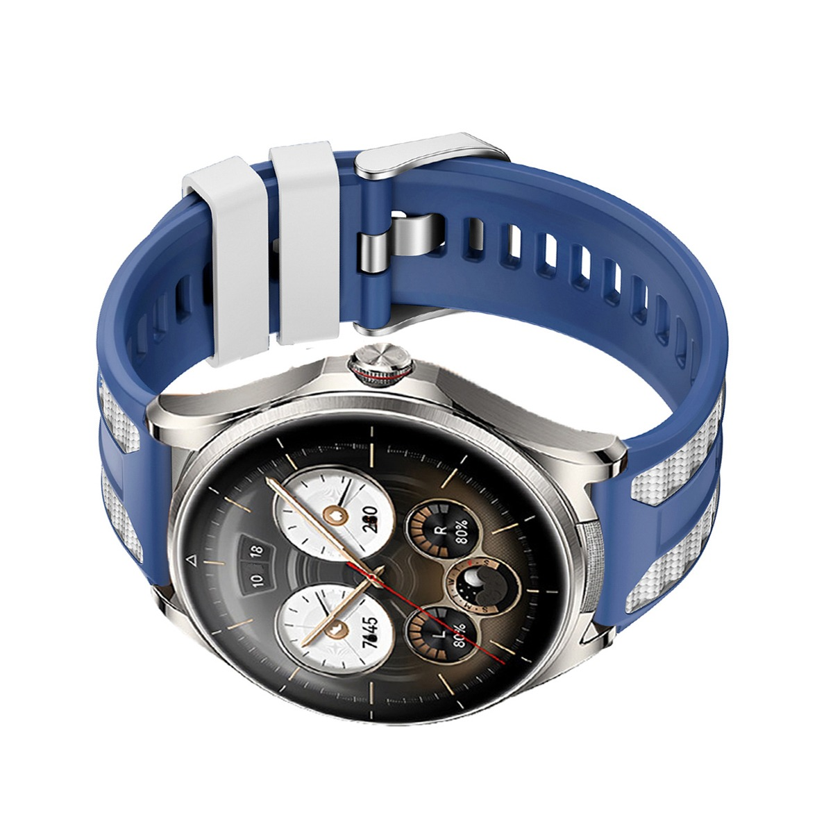 Eine blaue Smartwatch mit silbernem Gehäuse und Zifferblatt mit mehreren Anzeigen.