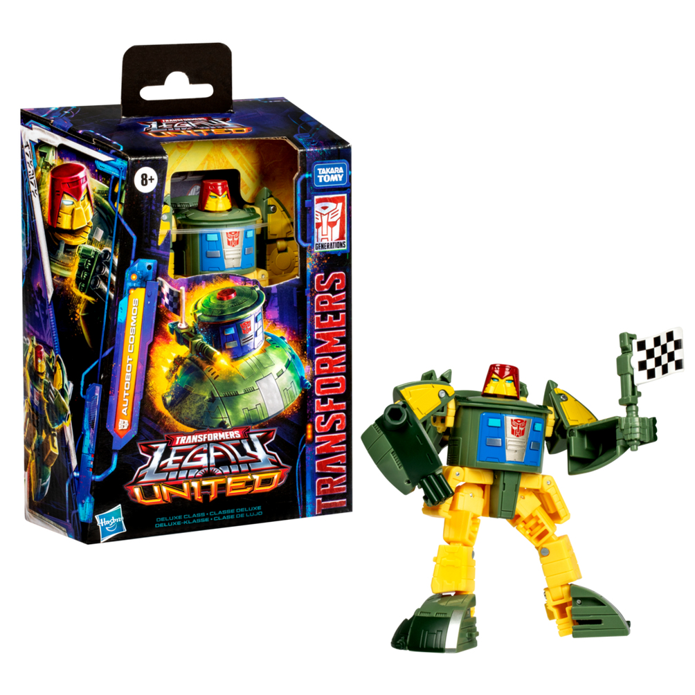 Robot-zabawka Transformers, żółty, zielony, niebieski, czerwony, z flagą w szachownicę. Pudełko pokazane.