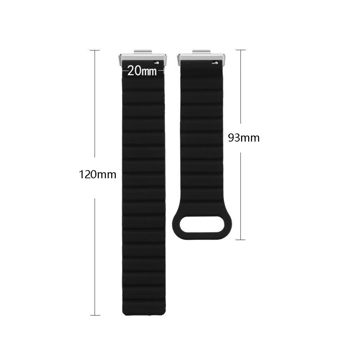 Zwei schwarze Uhrenarmbänder mit Maßangaben. Eines ist 120mm lang, das andere 93mm.