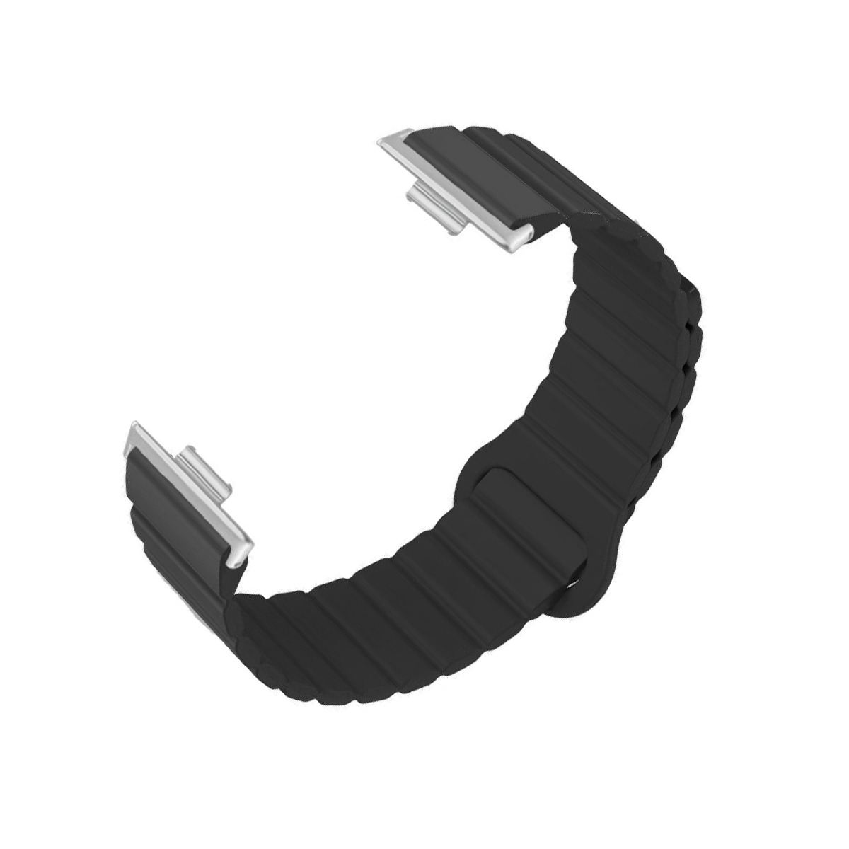 Ein schwarzes, geripptes Armband mit silbernen Anschlüssen auf weißem Hintergrund.