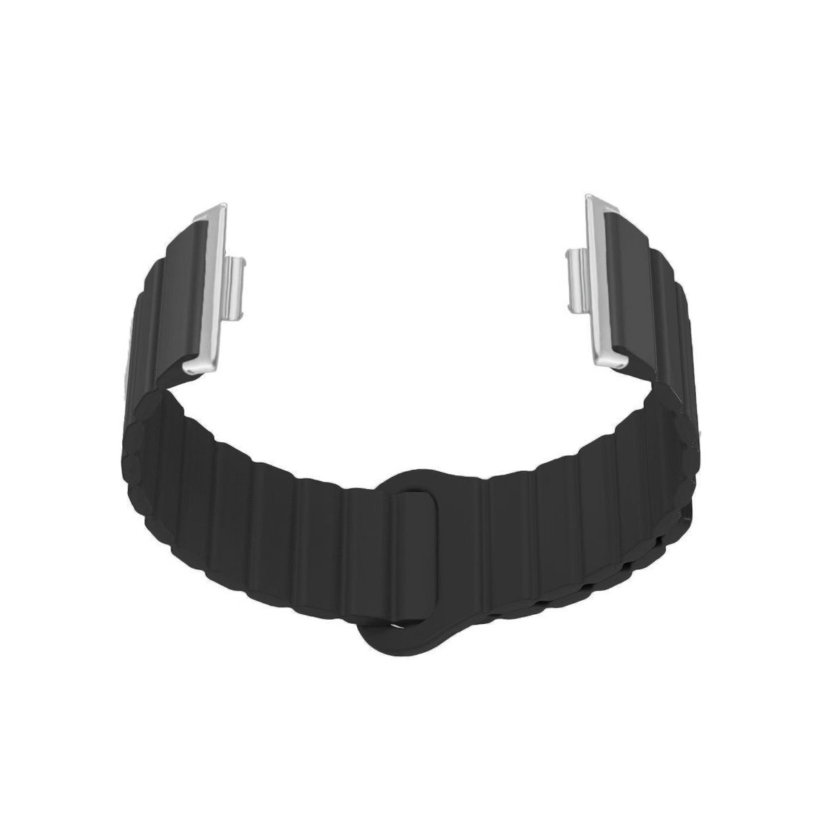 Ein schwarzes, geriffeltes Uhrenarmband mit silbernen Anschlüssen, auf weißem Hintergrund.
