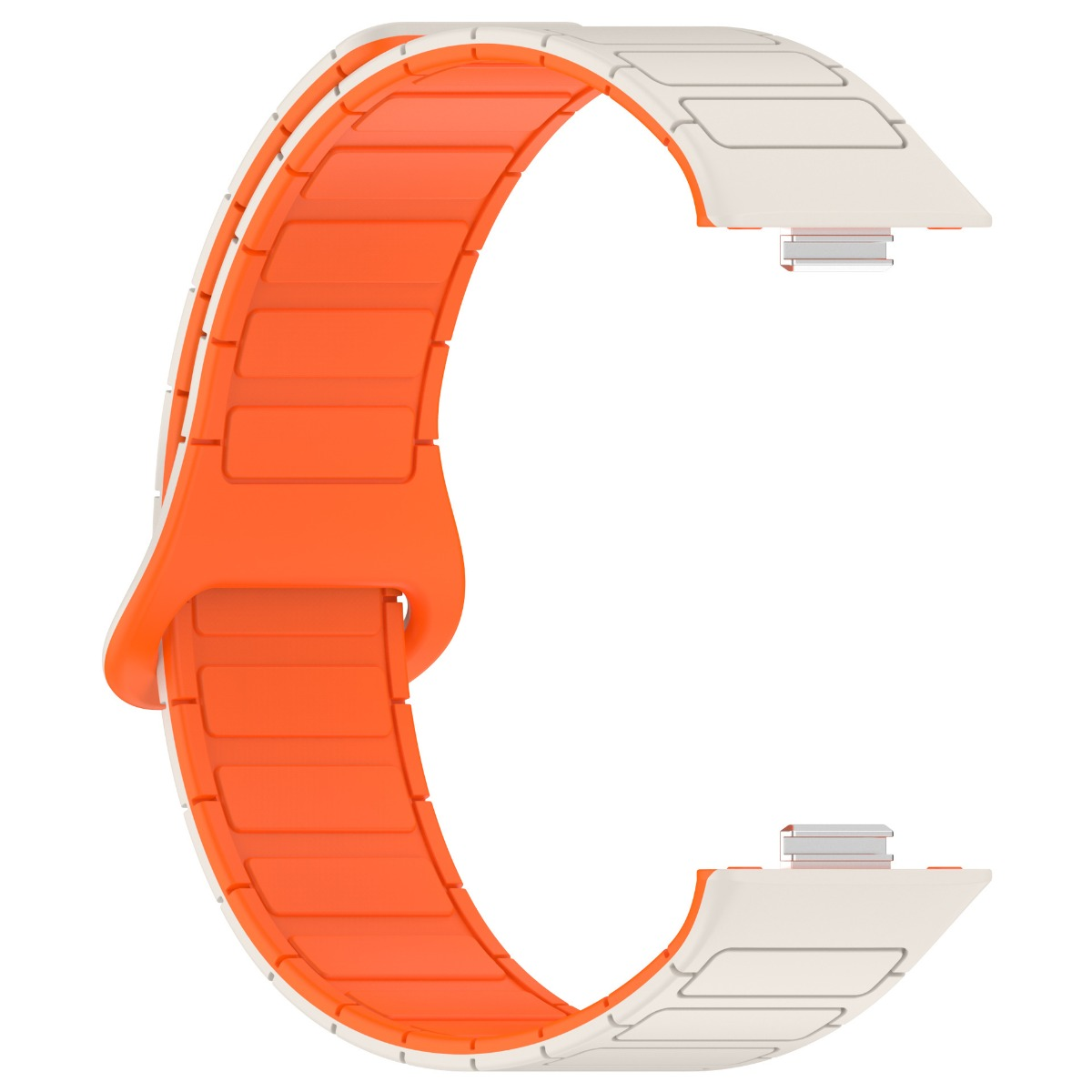 Ein orange-weißer Uhrenarmband mit Gliedern, weiß auf der Außenseite, orange innen.