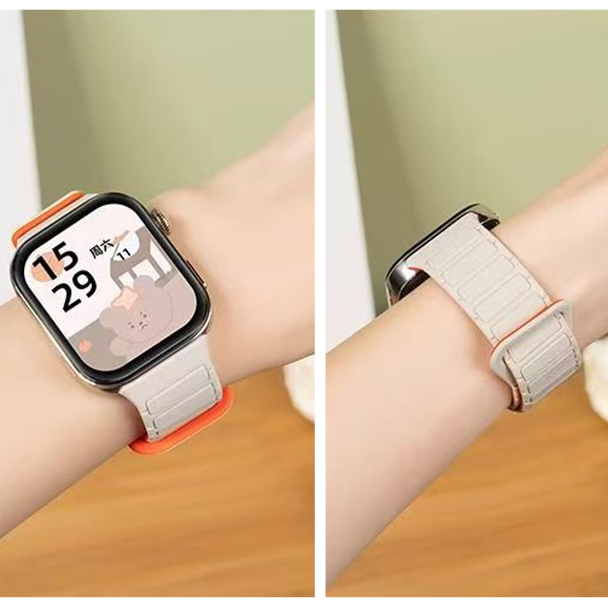 Armbanduhr mit Bären-Display und grauem Band, orangefarbener Akzent.