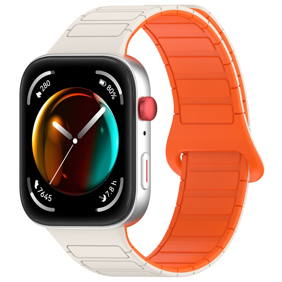 Eine Smartwatch mit silbernem Gehäuse, rotem Knopf und weißen/orangen Armbändern.