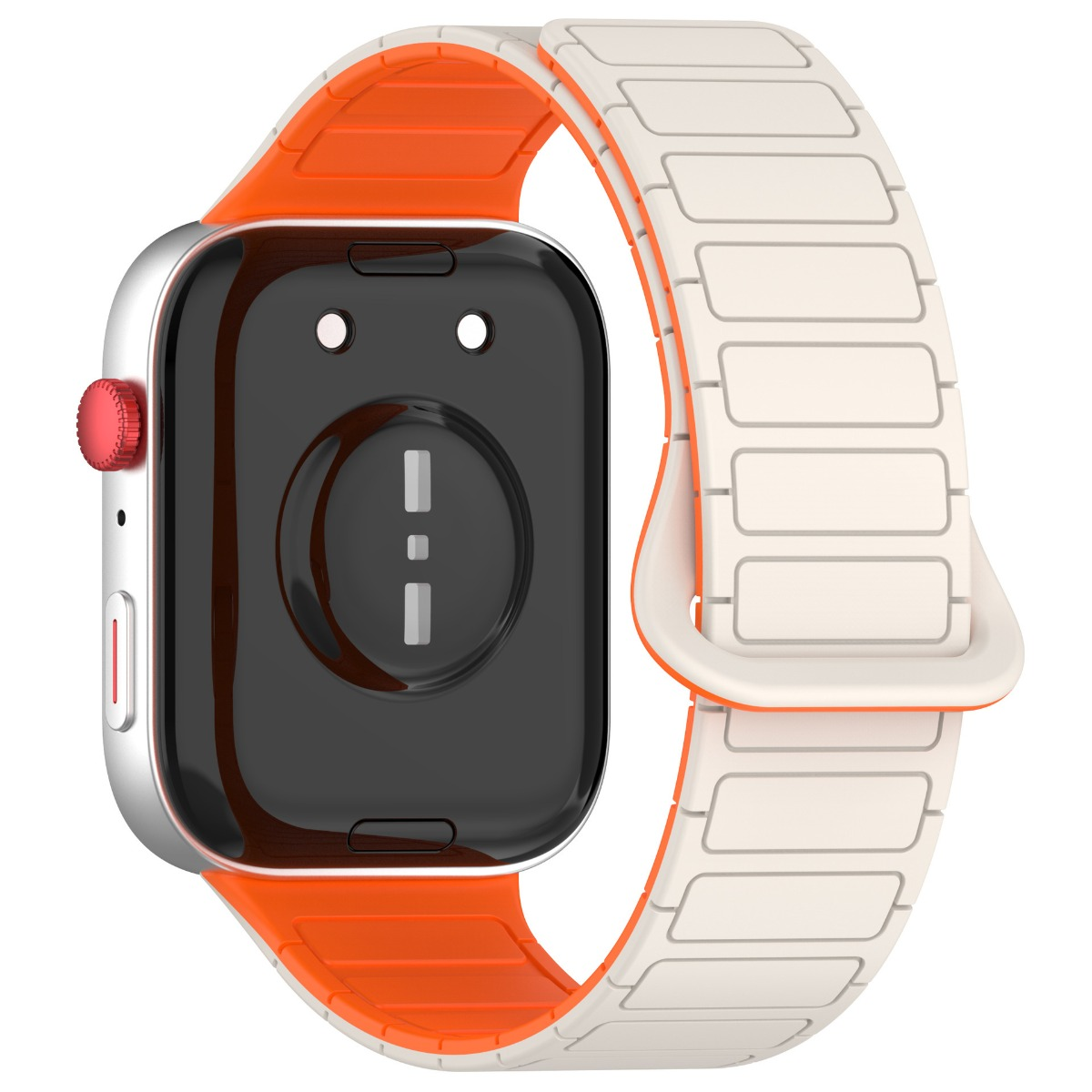 Eine silberne Smartwatch mit schwarzem Bildschirm und orangefarbenem Band.