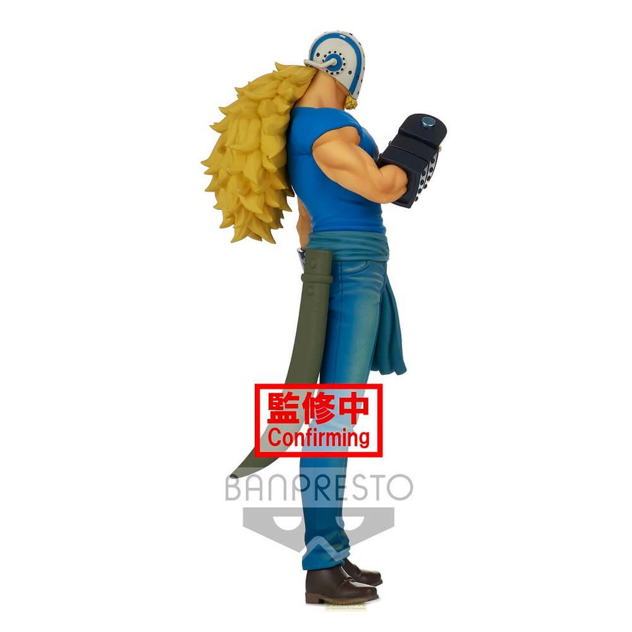 Una figura con pelo rubio, ropa azul y casco.