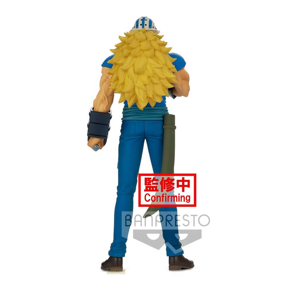 Figura de espaldas con pelo amarillo, pantalones azules y ropa azul.