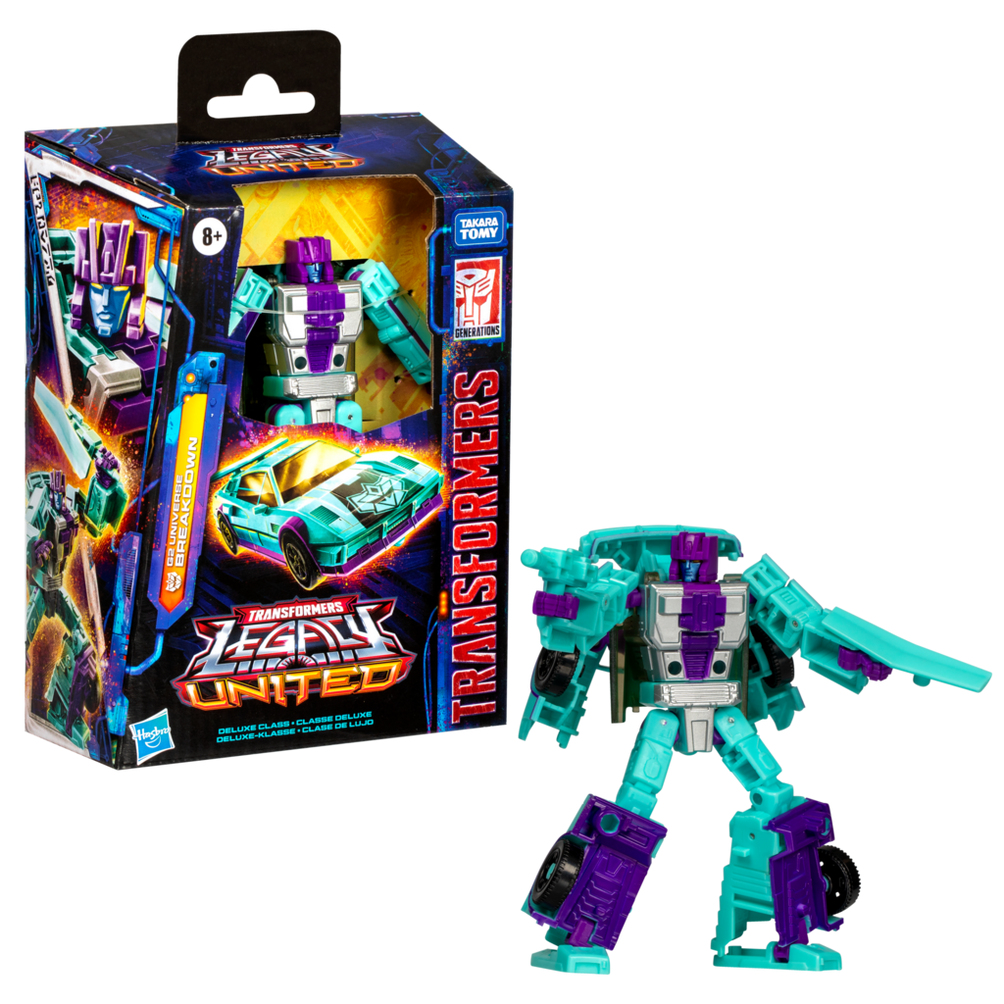 Ein lila-türkiser Transformer-Spielzeug steht neben seiner Verpackung.