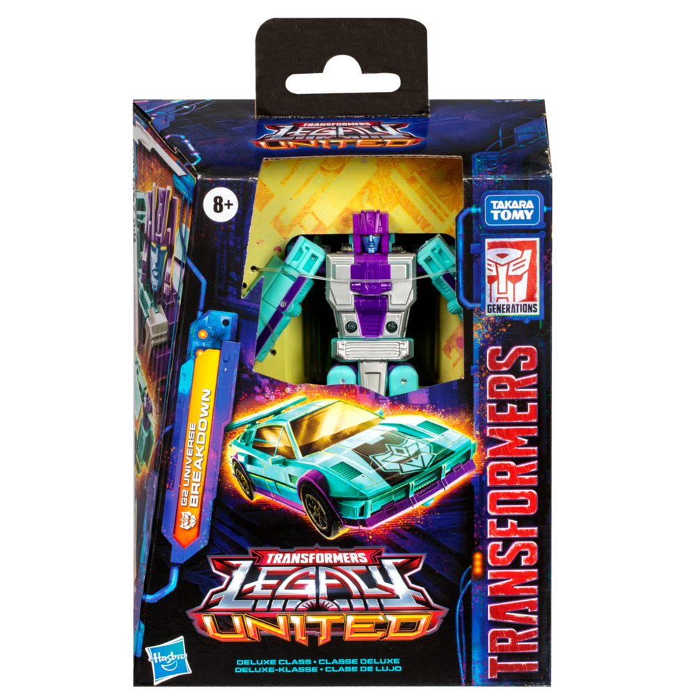 Transformers Spielzeugverpackung mit Roboter und Auto in Türkis und Silber.