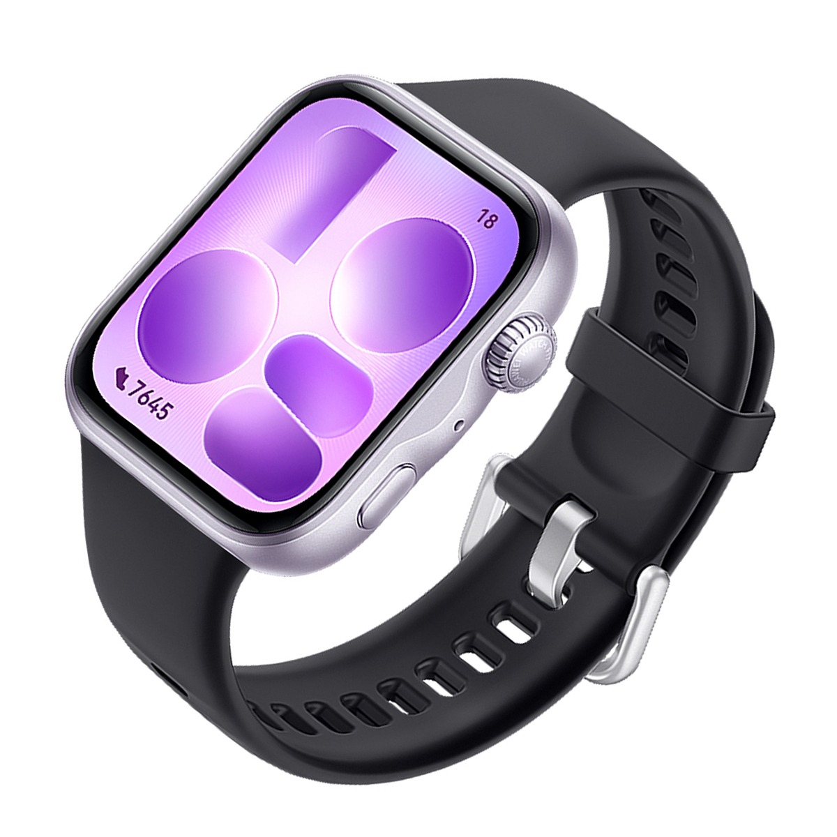Silberne Smartwatch mit schwarzem Armband und lila Zifferblatt.