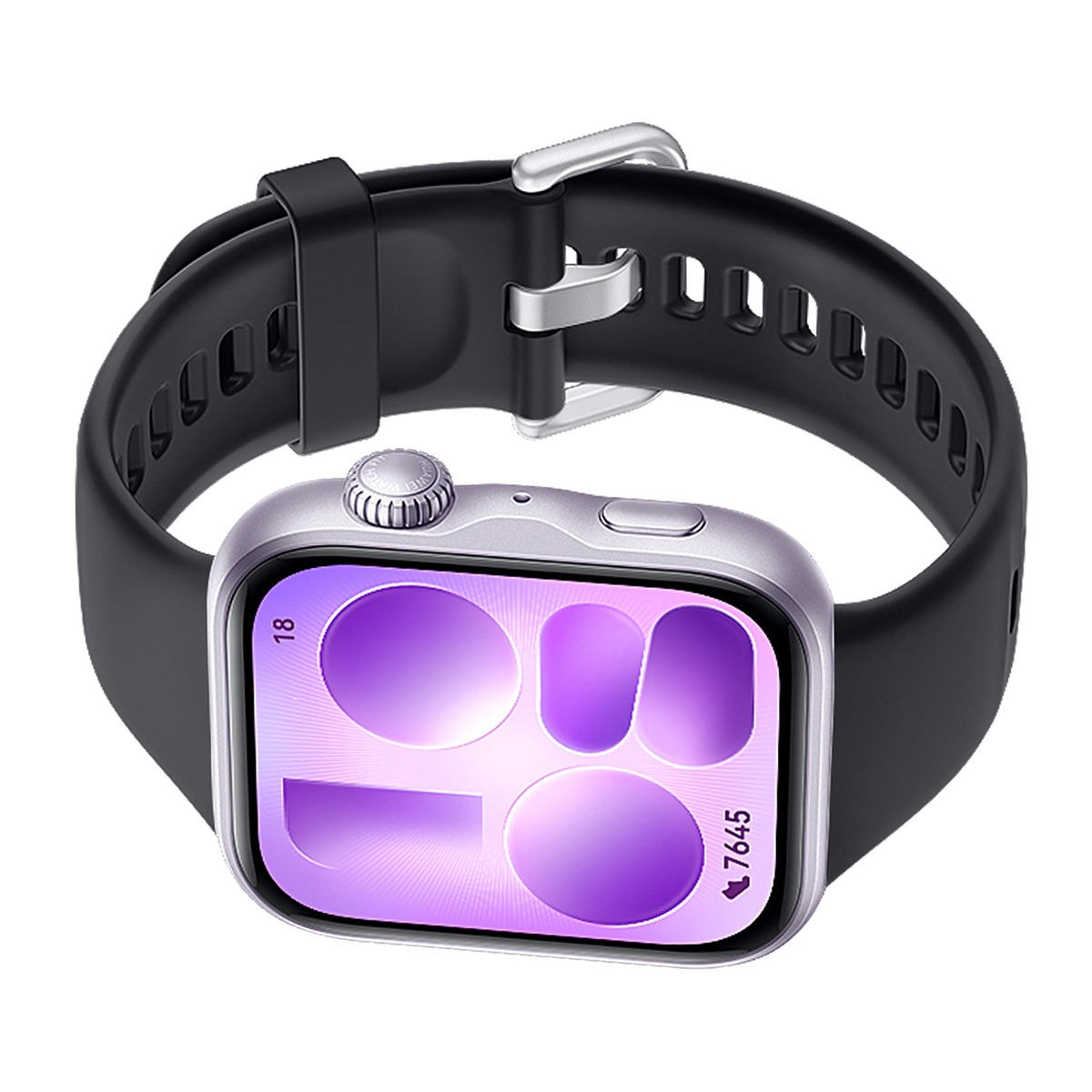 Graue Smartwatch mit schwarzem Armband und lila Zifferblatt