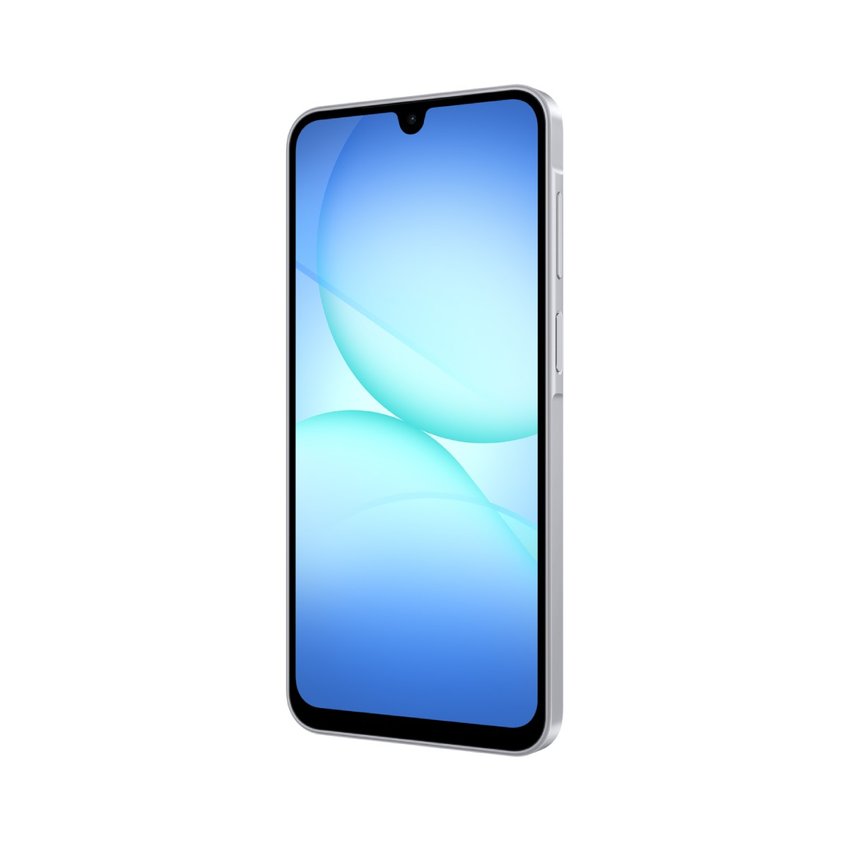 Ein silbernes Smartphone mit einem blauen und türkisfarbenen Hintergrund auf dem Bildschirm.