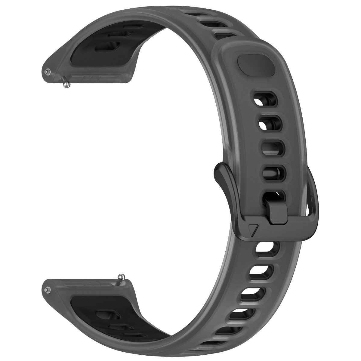Graues Smartwatch-Armband aus Silikon mit Schnalle und Lüftungsschlitzen.