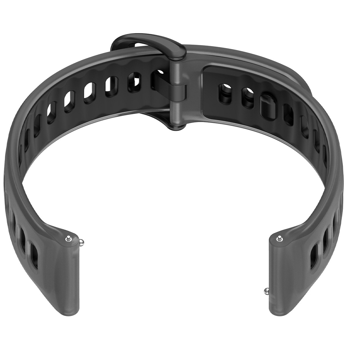 Ein graues Uhrenarmband mit einem Schnallenverschluss und ovalen Aussparungen.