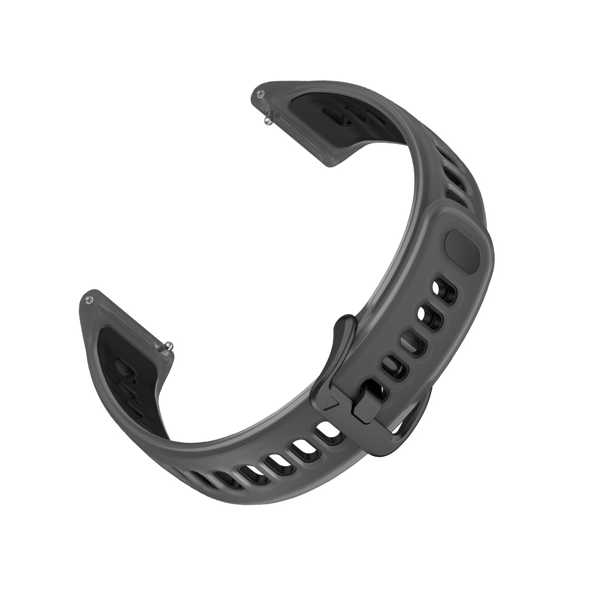Ein dunkelgraues Uhrenarmband mit Löchern, einer Schnalle und Stiften zur Befestigung.