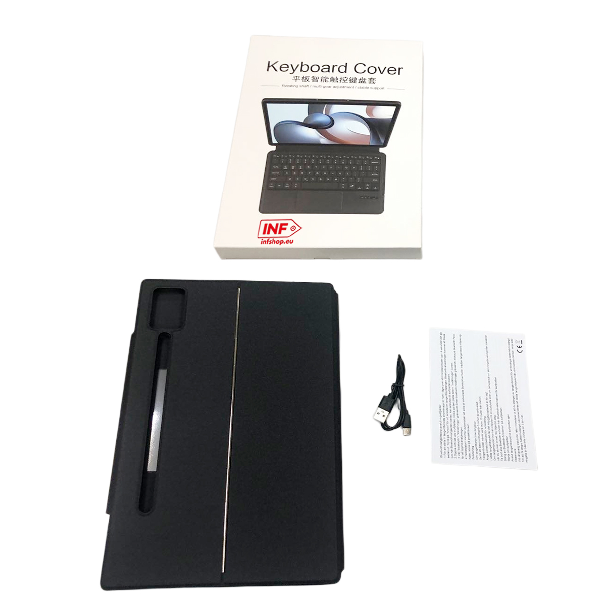 Ein schwarzes Tablet-Tastaturgehäuse mit Stiftablage, Ladekabel und Anleitung.