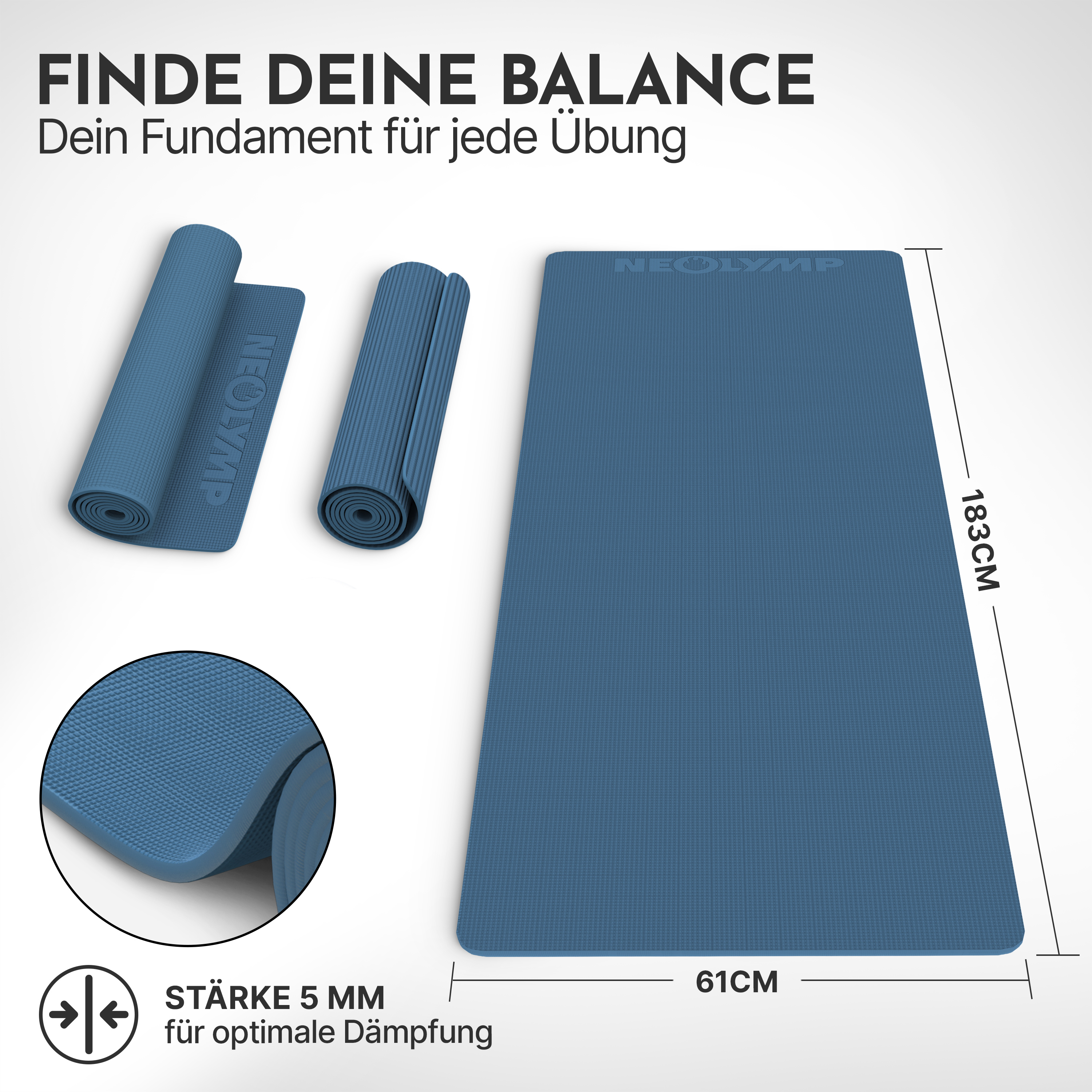 Blaue Yogamatte, 183x61cm, 5mm dick, aufgerollt und ausgerollt.