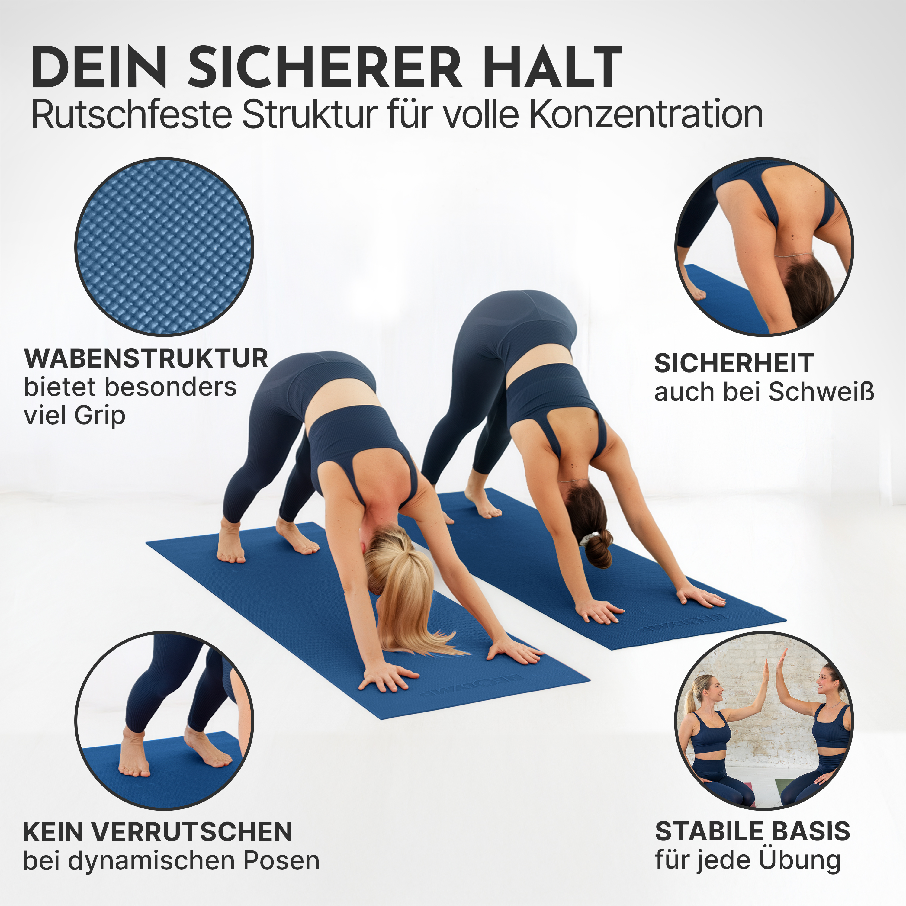 Zwei Frauen in blauen Sportoutfits machen Yoga auf blauen Matten. Strukturdetails und motivierende Texte.