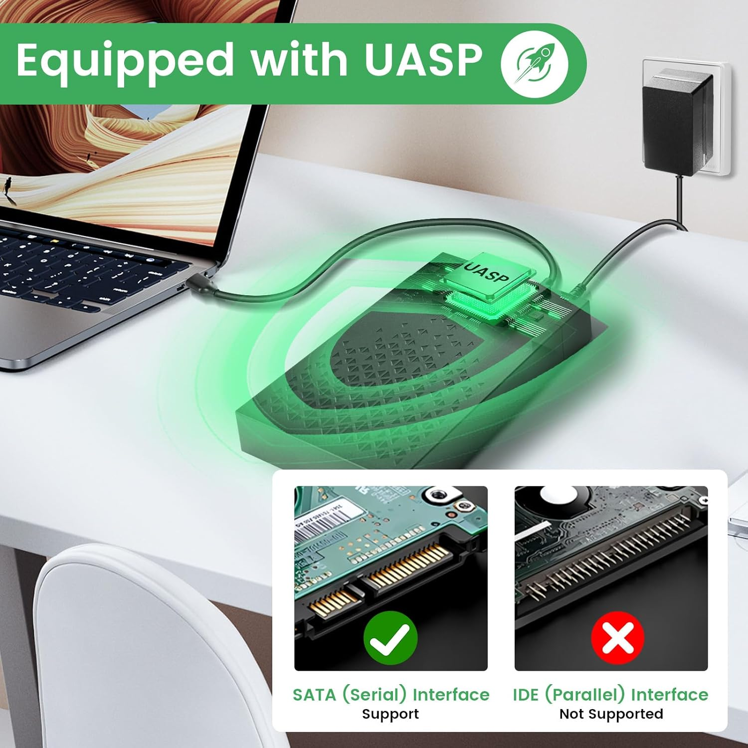 Laptop an externen Laufwerksgehäuse mit UASP-Chip angeschlossen. Zeigt SATA unterstützt, IDE nicht.