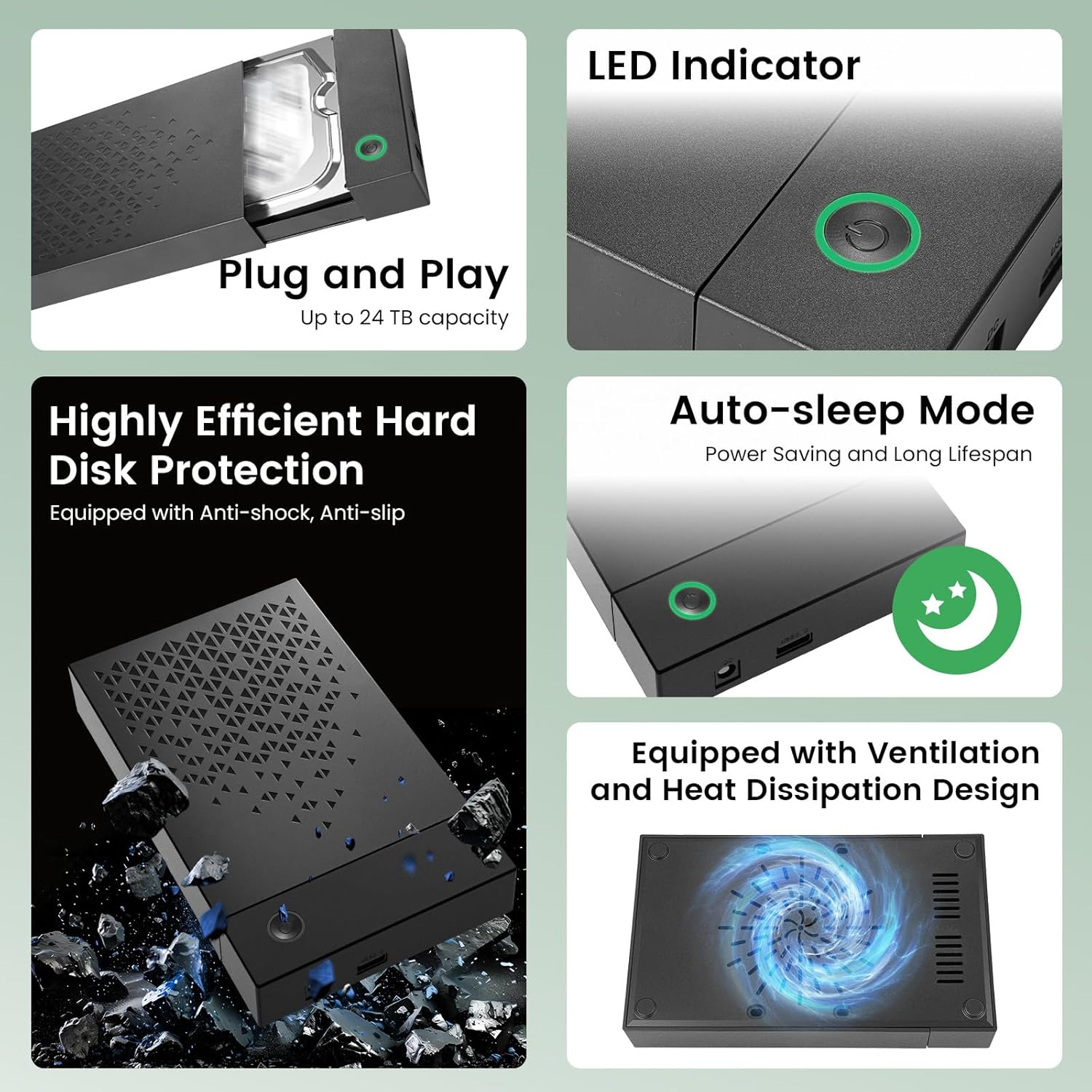 Festplatte mit LED-Anzeige, Lüfter und Schutz.