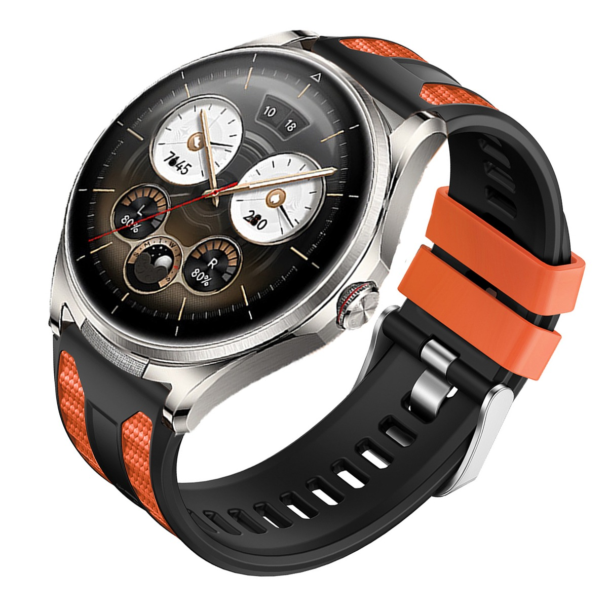 Eine silberne Smartwatch mit schwarzem und orangefarbenem Band zeigt Uhrzeit, Datum und Akkulaufzeit an.