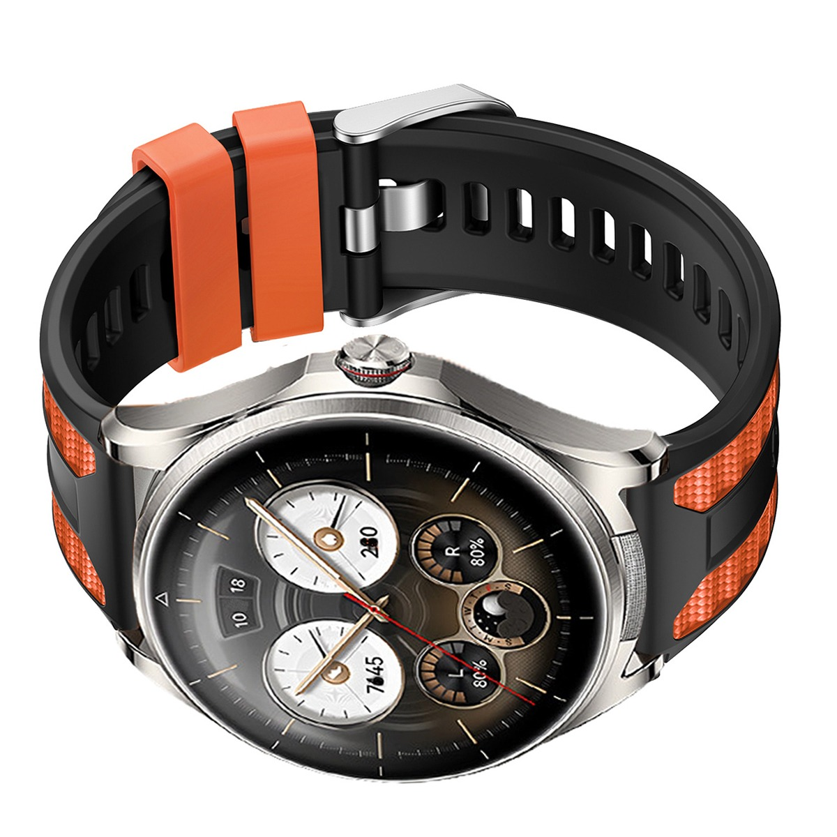 Eine Smartwatch mit schwarzem und orangefarbenem Armband und silbernem Gehäuse.