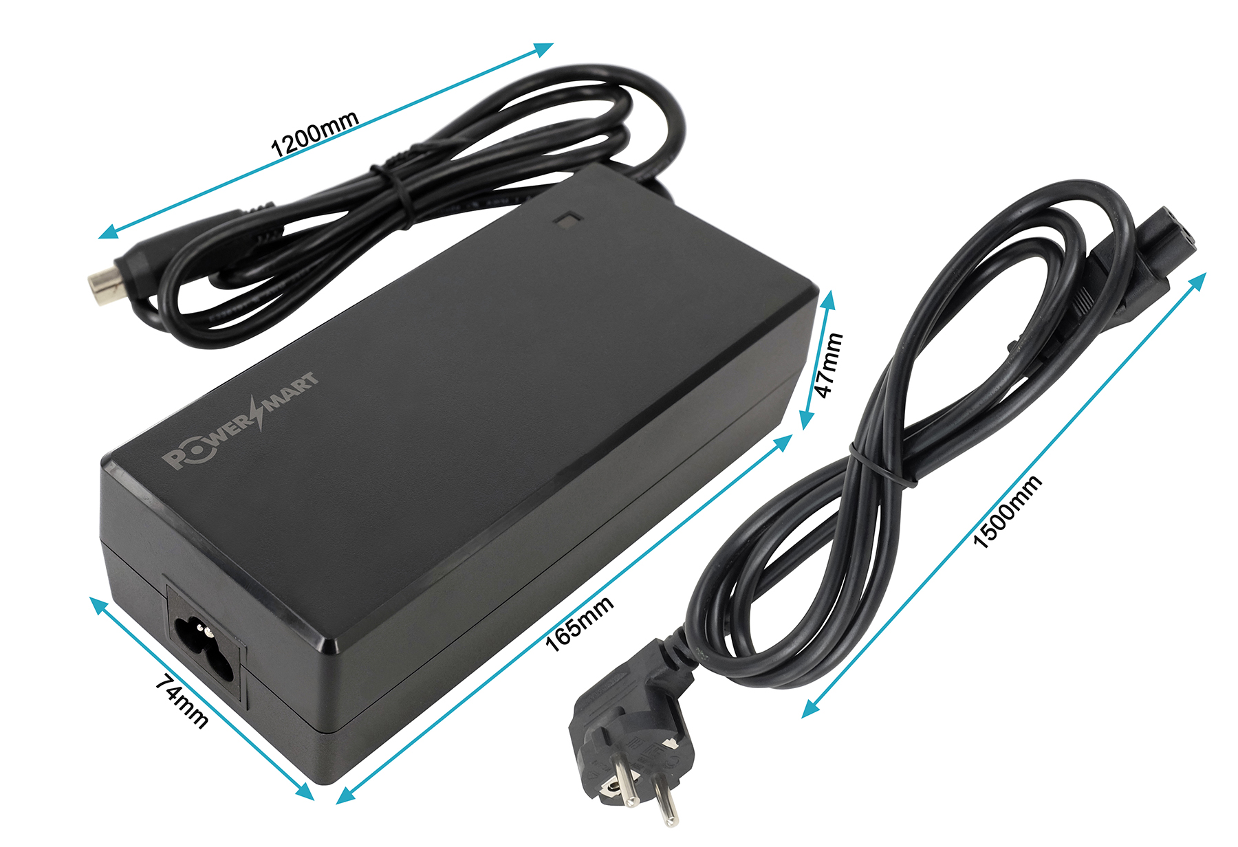 Schwarzes Power Smart Laptop-Ladegerät mit Kabeln, Maße 165x74x47mm.