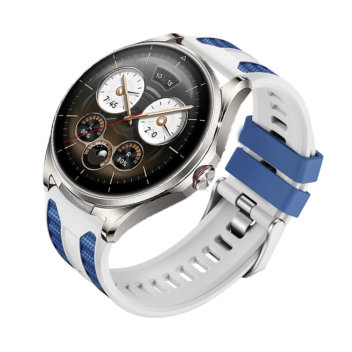 Silberne Smartwatch mit weißem und blauem Armband, digitalem Display mit drei Zifferblättern.