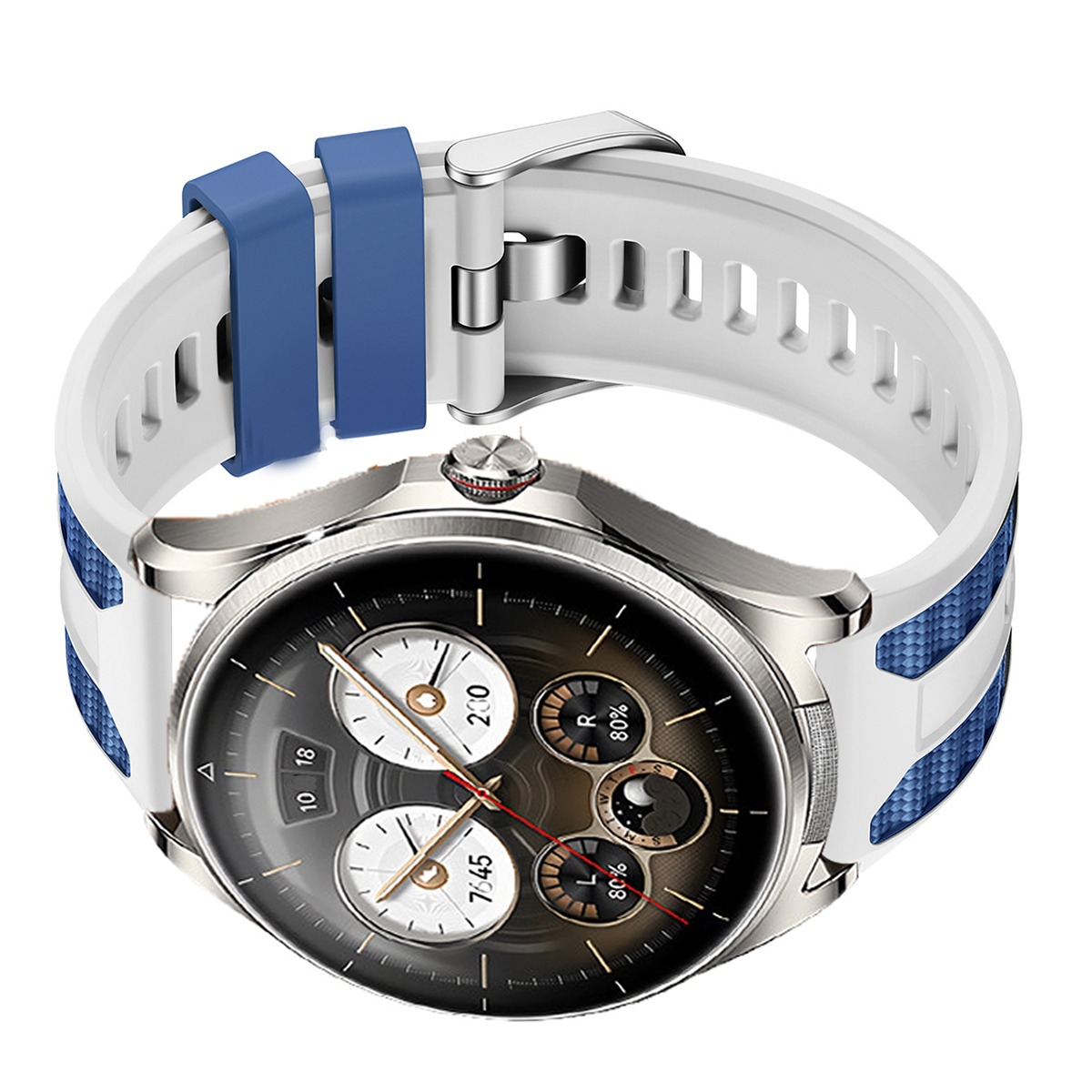 Eine Smartwatch mit weißem Armband, blauen Akzenten und silbernem Gehäuse.