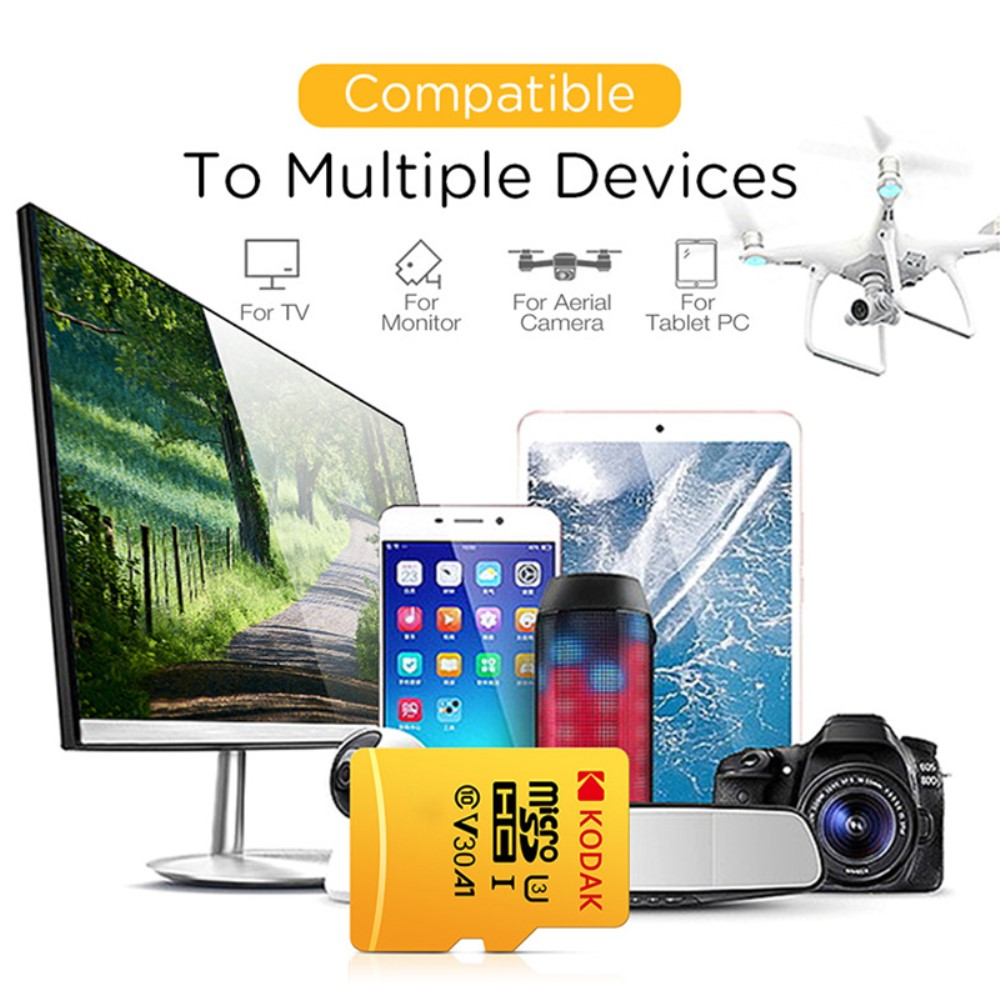 Carte microSD avec divers appareils : TV, moniteur, drone, tablette, appareil photo.
