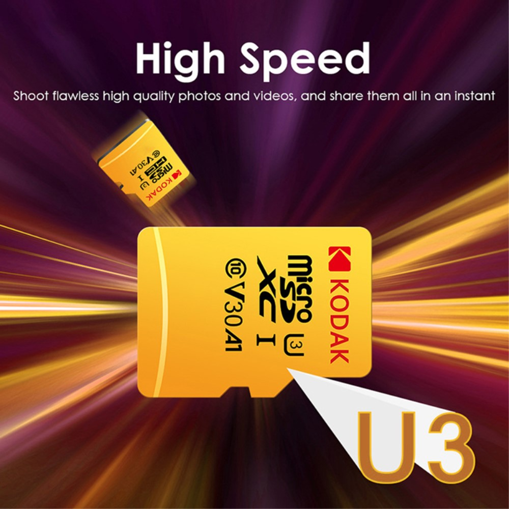 Deux cartes micro SD Kodak jaunes avec une note U3 sur fond abstrait violet et jaune.