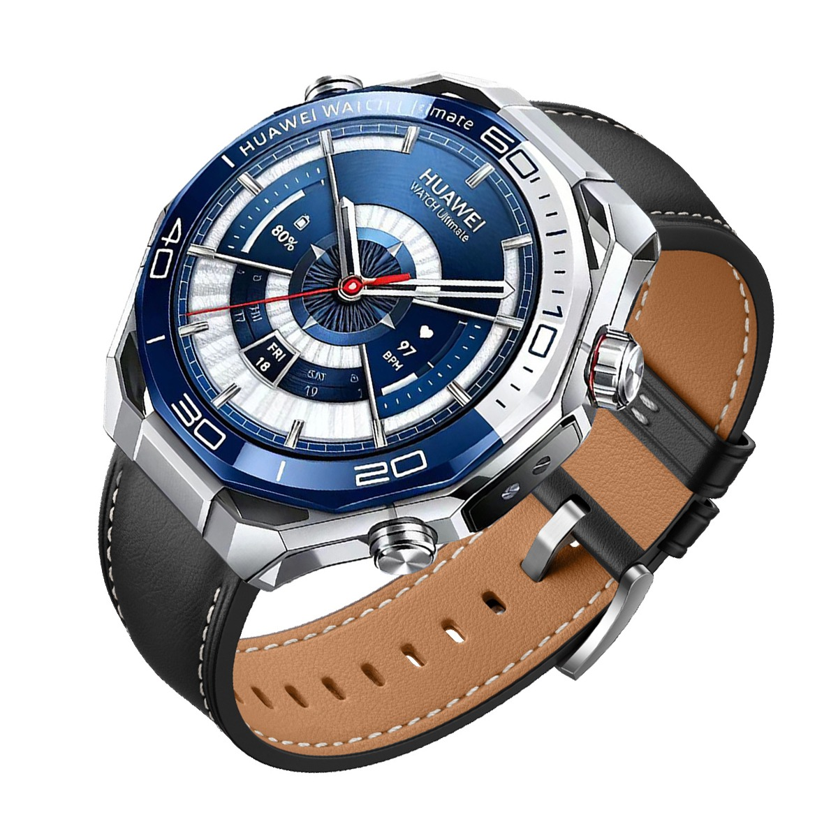 Eine Nahaufnahme einer Huawei Smartwatch mit blauem Zifferblatt und Lederarmband.