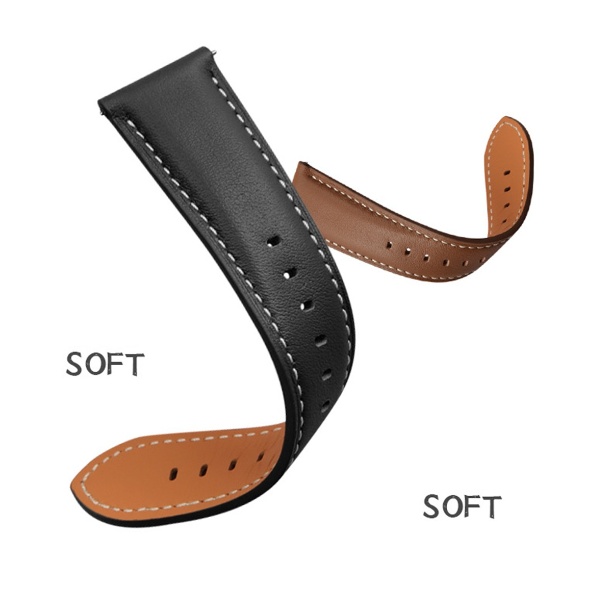 Zwei flexible Lederarmbänder, eins schwarz, eins braun, mit weißer Naht.