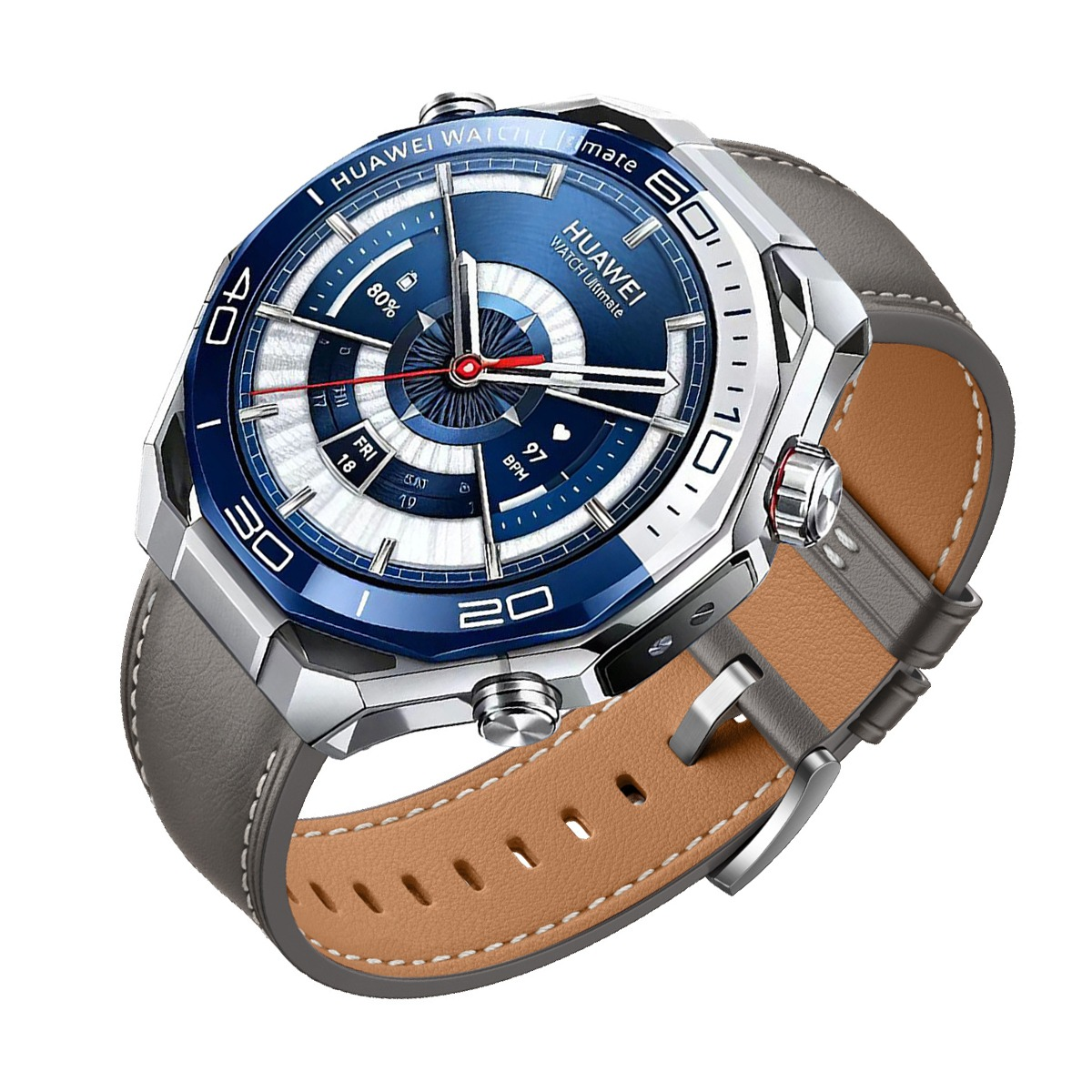 Eine blaue Huawei Smartwatch mit silbernem Gehäuse und grauem Lederarmband.