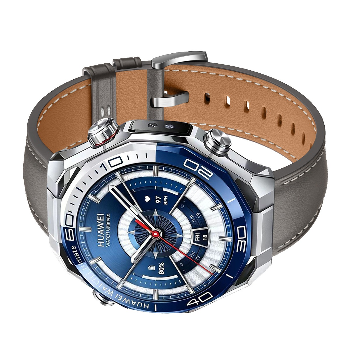 Eine Smartwatch mit blauem Zifferblatt, silbernem Gehäuse und braunem Lederarmband.