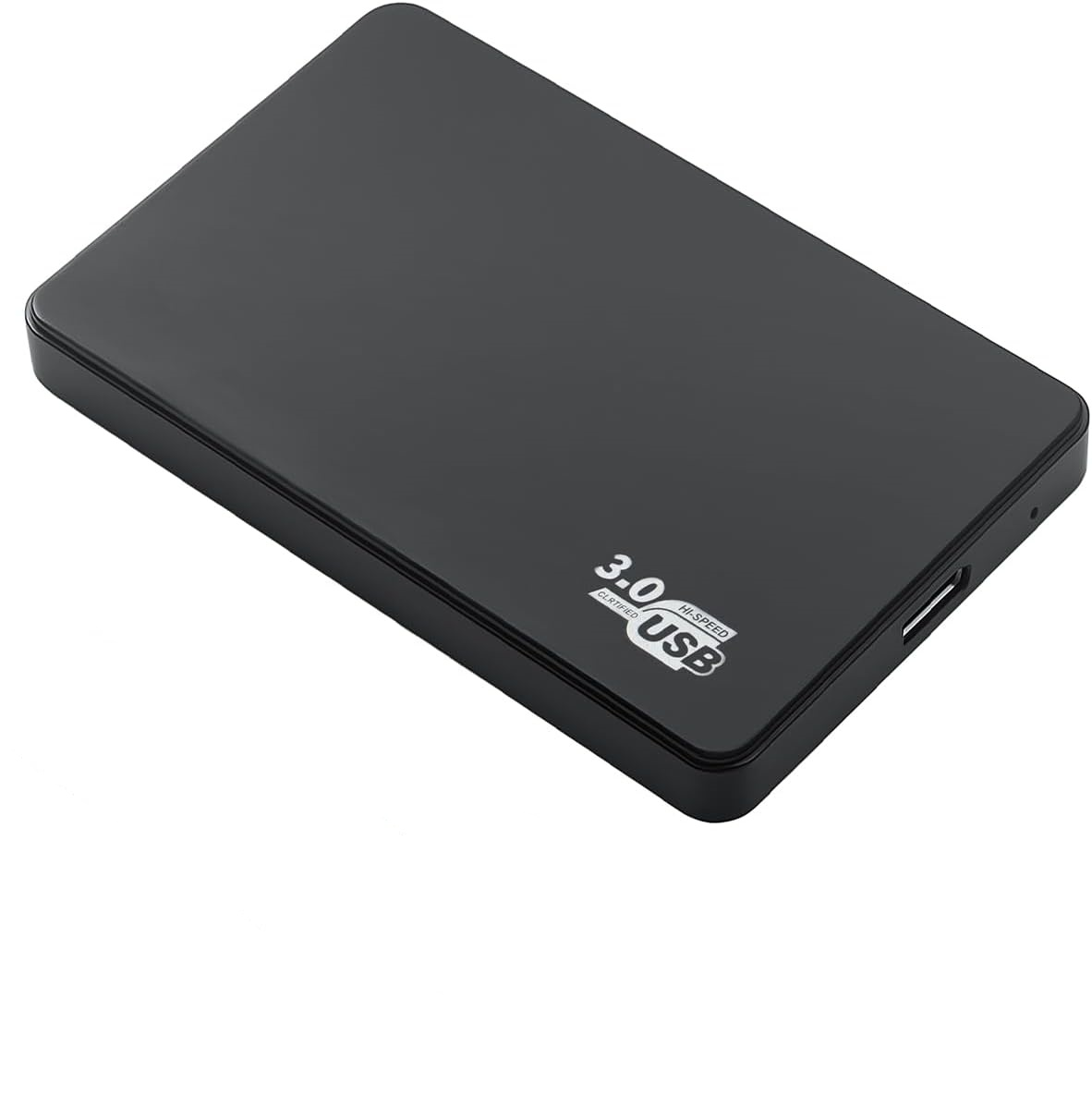 Schwarze externe Festplatte mit USB 3.0 Hi-Speed-Label.
