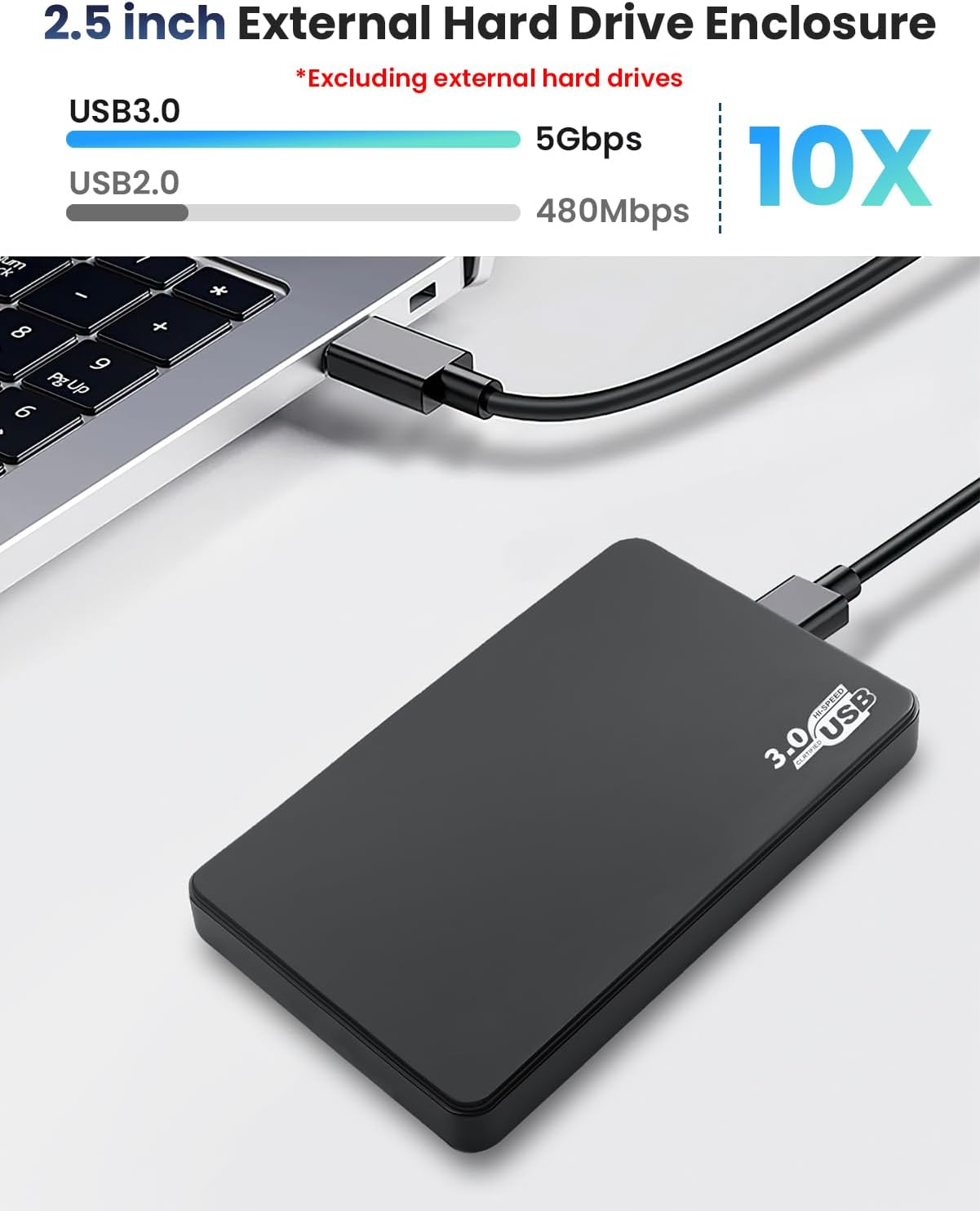 Schwarzes 2,5-Zoll-Gehäuse für externe Festplatte, verbunden mit Laptop über USB 3.0.