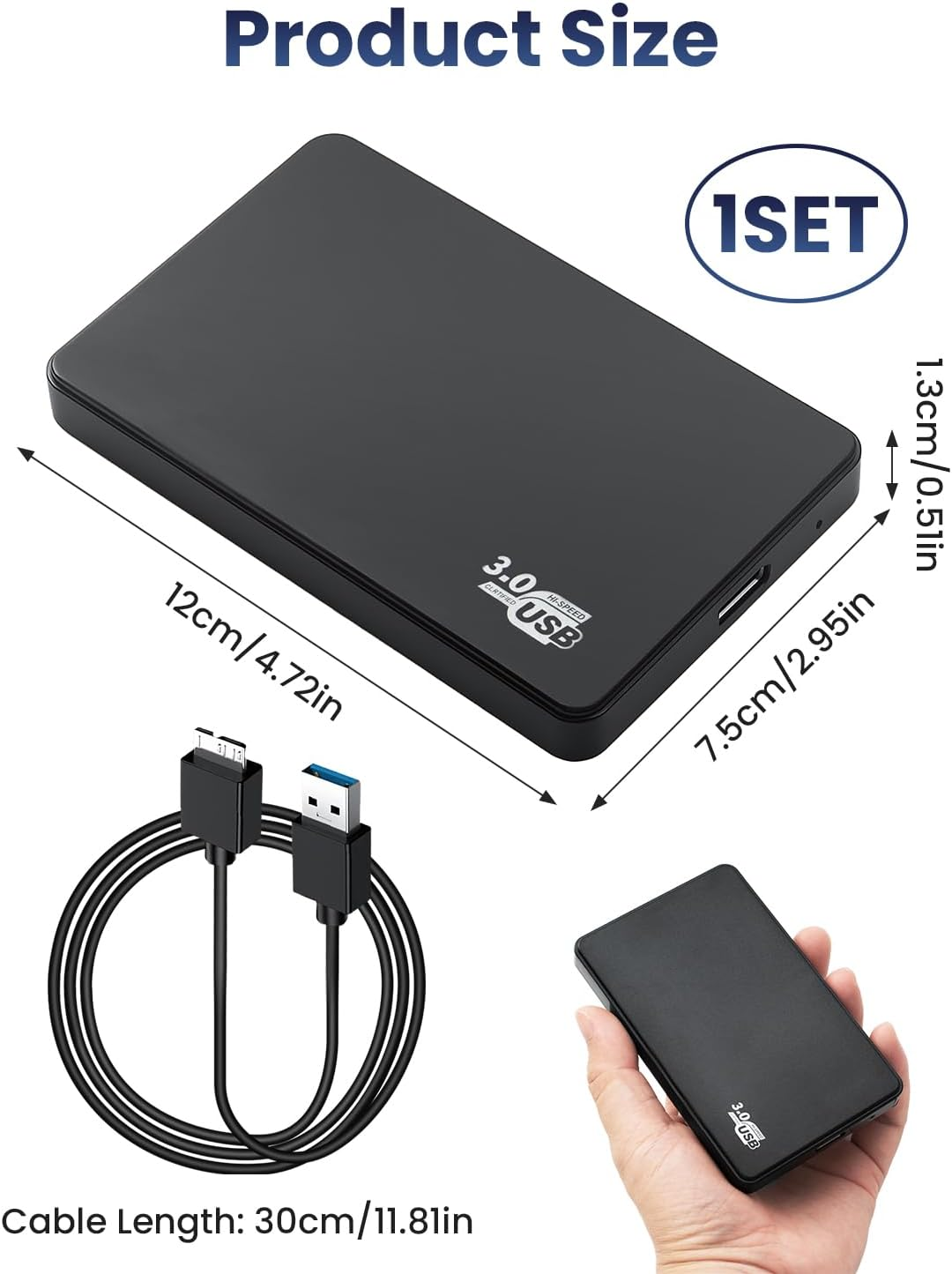 Schwarze externe Festplatte mit USB 3.0 und Kabel, Maße angegeben.