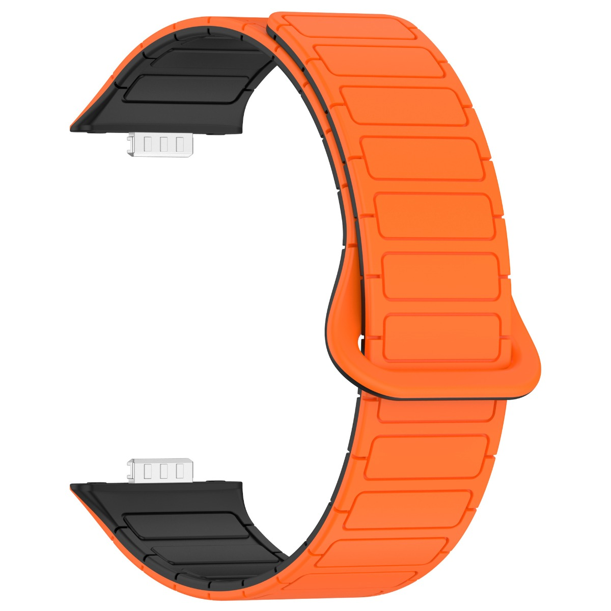 Ein oranges Uhrenarmband mit schwarzen Akzenten und silbernen Anschlüssen.